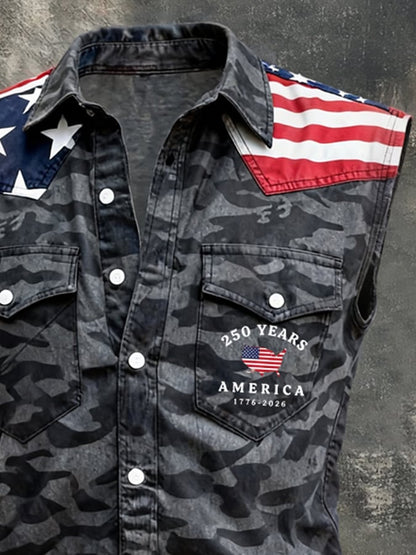 Men's Retro Patriotic Color-Block Printed Sleeveless Shirt