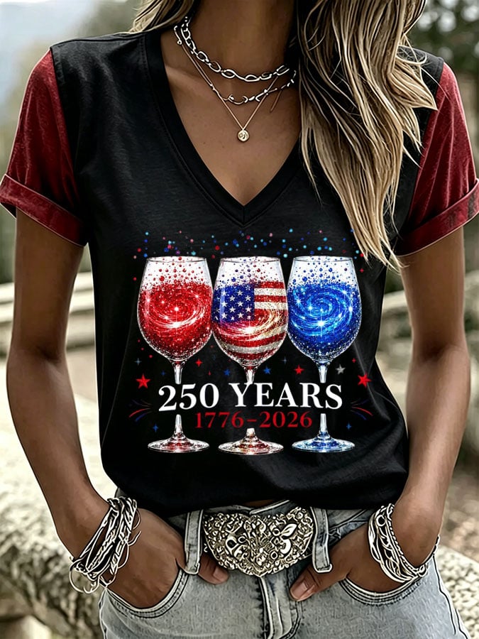 Women's USA 250th Anniversary Print V Neck T-shirt