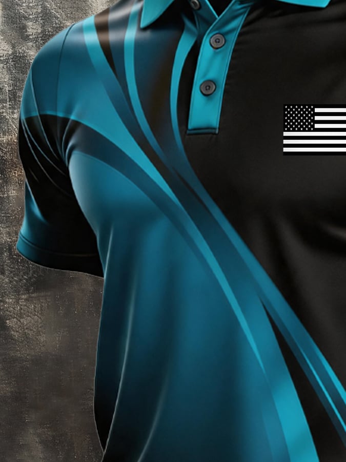 Men's Retro Patriotic Color-Block Short-Sleeve Polo Shirt