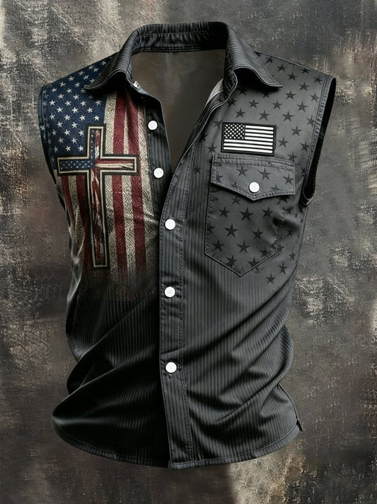Men's Retro Patriotic Color-Block Printed Sleeveless Shirt
