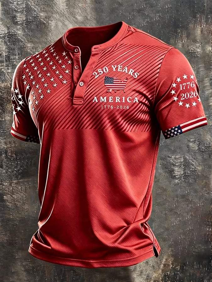 Men's Retro Patriotic Color-Block Short-Sleeve Henley Shirt