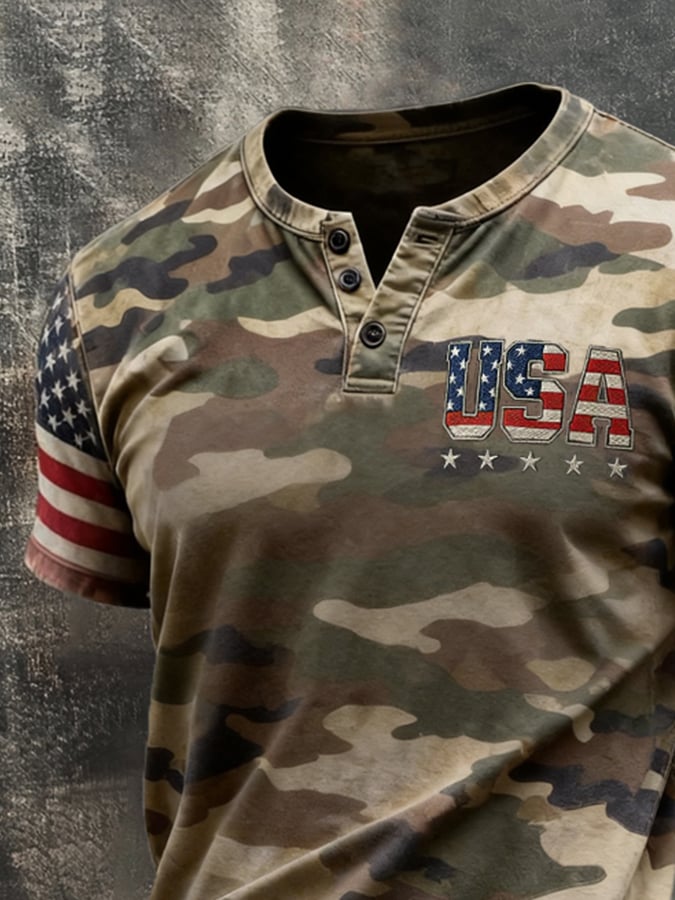 Men's Vintage Independence Day Patriot Henley T-Shirt