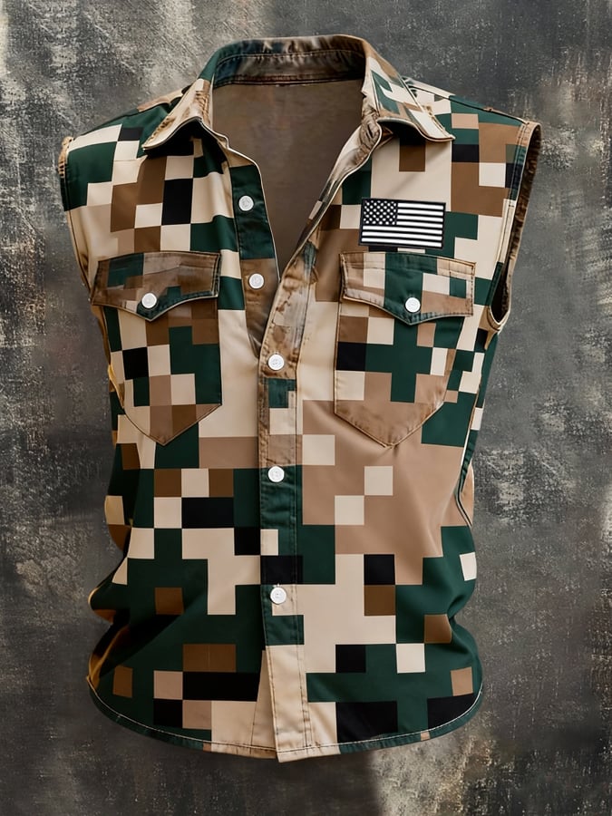 Men's Retro Patriotic Color-Block Printed Sleeveless Shirt