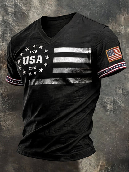 Men's Retro Patriotic Color-Block V-Neck Short-Sleeve T-Shirt