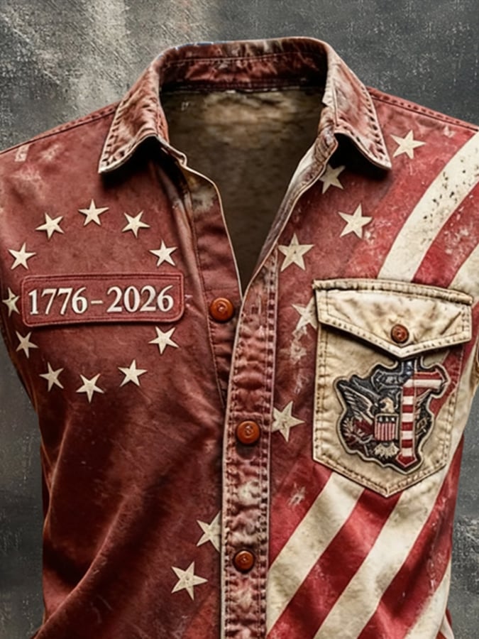 Men's Retro Patriotic Color-Block Printed Sleeveless Shirt
