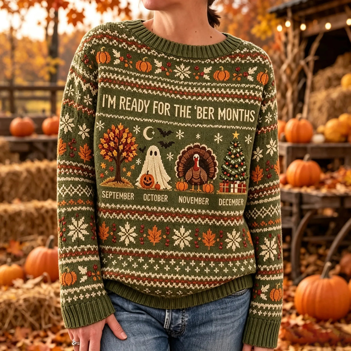 Women's I'm Ready For The 'ber Months Print Crew Neck Knit Sweater