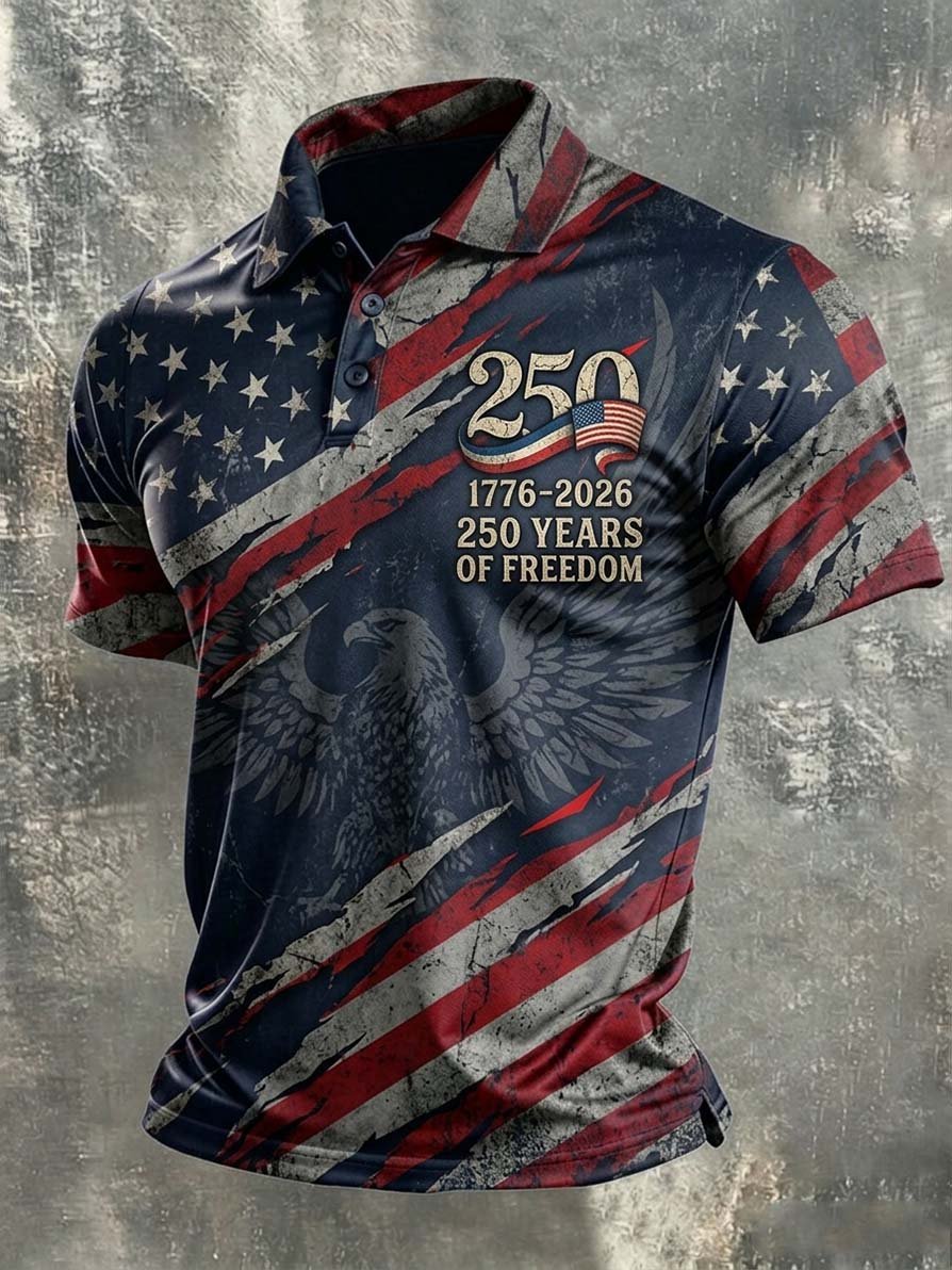 Men's Casual Artistic American 250th Anniversary Flag Print Polo Shirt
