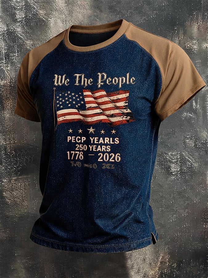 Men Vintage We The People American Flag 250th Anniversary 1776-2026 Raglan Short Sleeve T-Shirt Washed Denim Texture Patriotic Casual Top