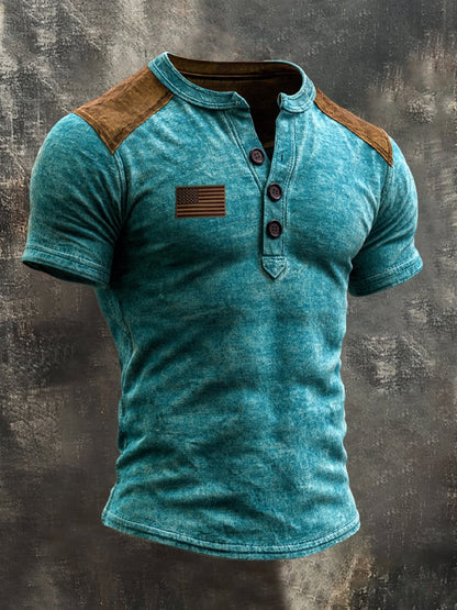 Men's Retro Patriotic Color-Block Short-Sleeve Henley T-Shirt