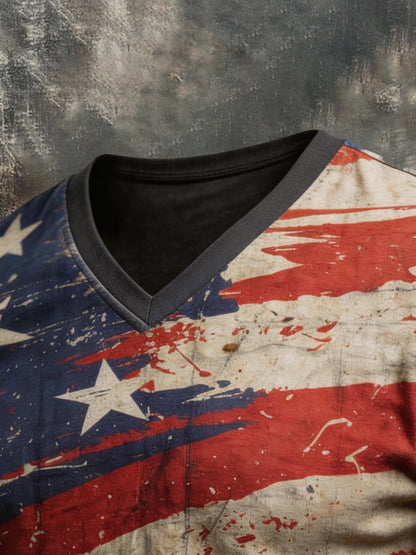 Men's Retro Patriotic Color-Block V-Neck Short-Sleeve T-Shirt
