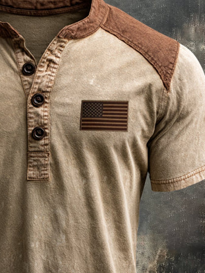 Men's Retro Patriotic Color-Block Short-Sleeve Henley T-Shirt