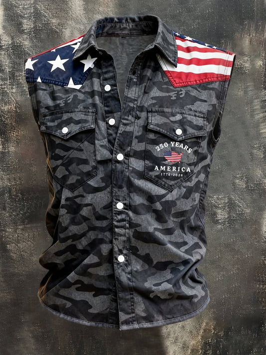 Men's Retro Patriotic Color-Block Printed Sleeveless Shirt