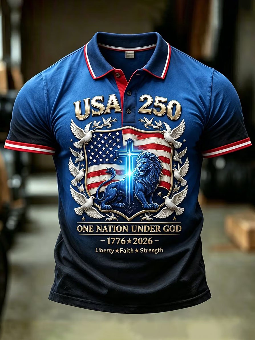 Men's Casual Artistic American 250th Anniversary Flag Print Polo Shirt
