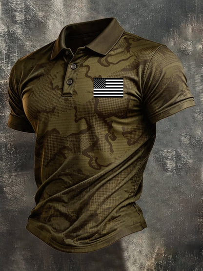 Men's Retro Patriotic Color-Block Short-Sleeve Polo Shirt