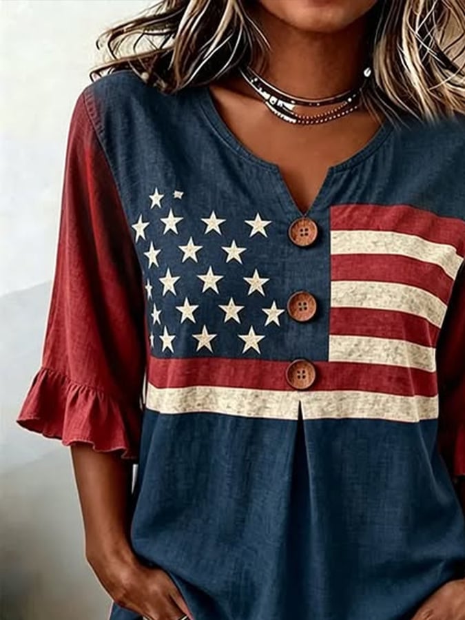 Women'S Casual Printed Top With Ruffle Sleeves