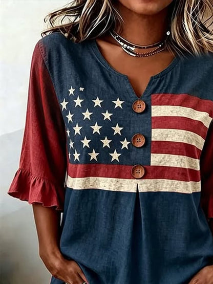 Women'S Casual Printed Top With Ruffle Sleeves