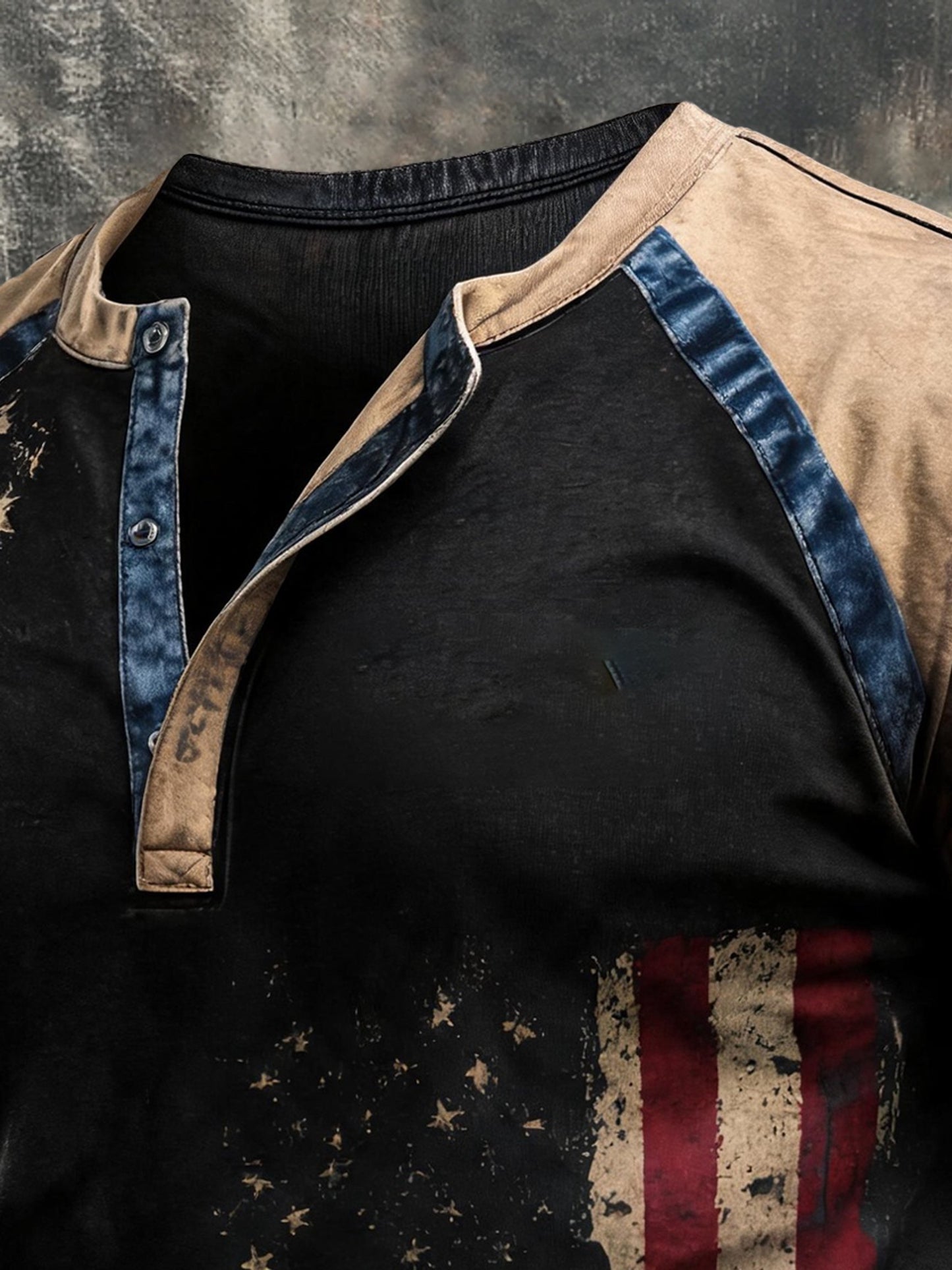 Men's Retro Patriotic Color-Block Short-Sleeve Henley T-Shirt