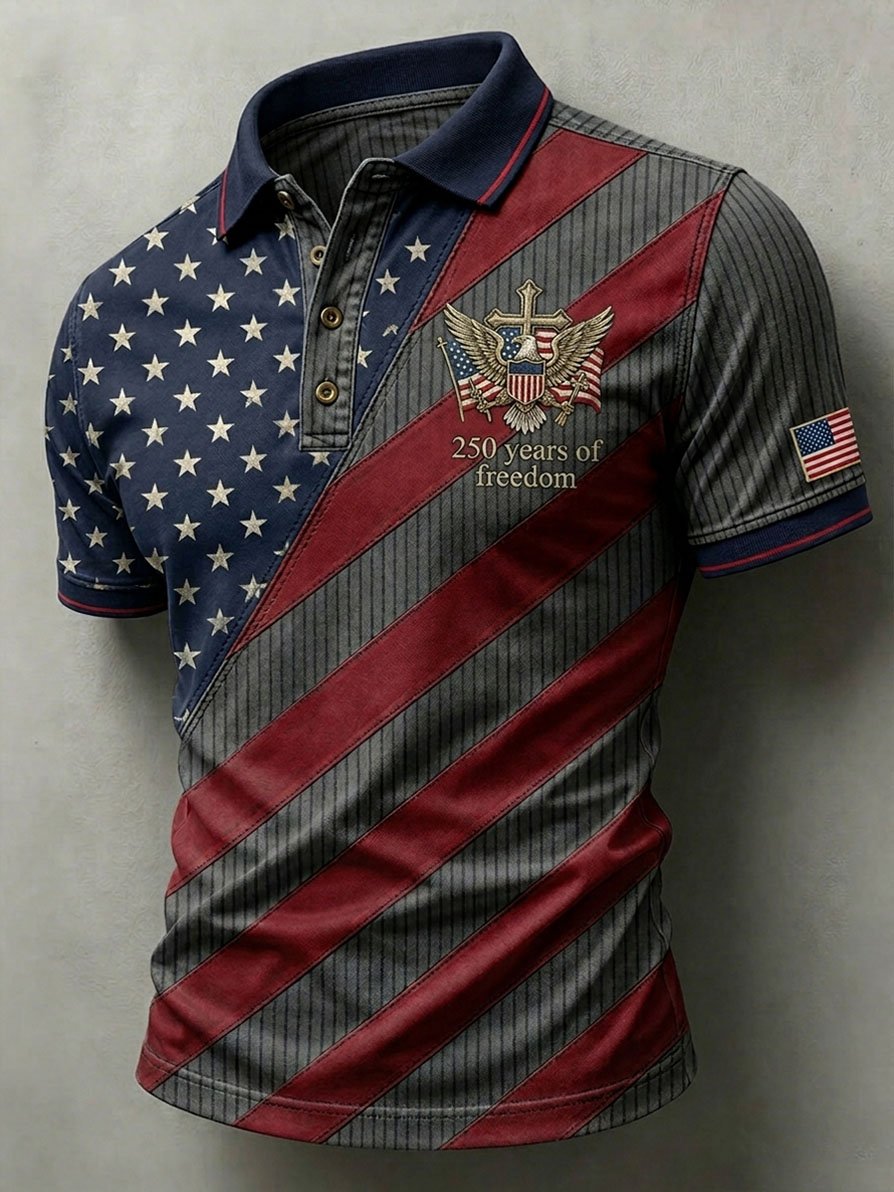Men's Casual Artistic American 250th Anniversary Flag Print Polo Shirt