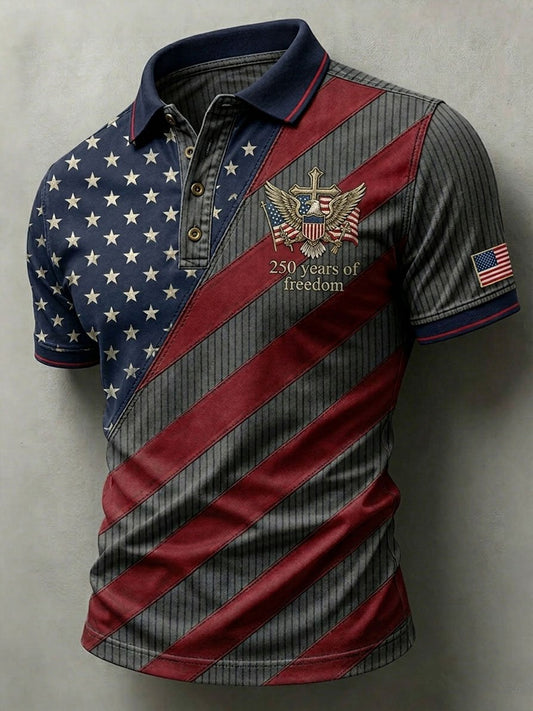 Men's Casual Artistic American 250th Anniversary Flag Print Polo Shirt