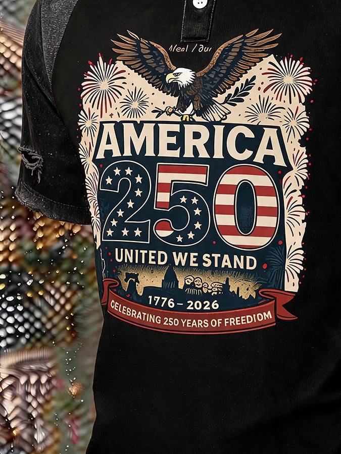 Men's America 250 Bald Eagle Distressed Ripped Raglan Polo Shirt Denim Collar Patriotic Short Sleeve Top 1776-2026
