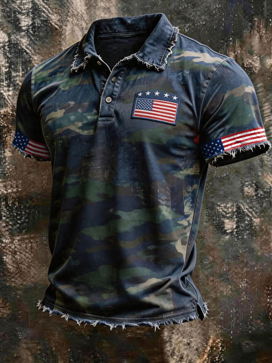 Men's Retro Patriotic Print Casual Short-Sleeve Polo Shirt