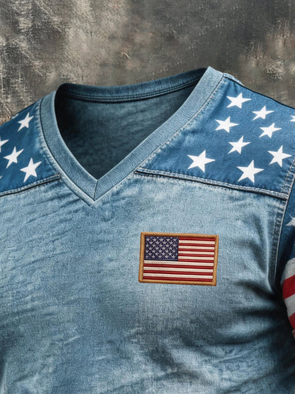 Men's Retro Patriotic Color-Block V-Neck Short-Sleeve T-Shirt