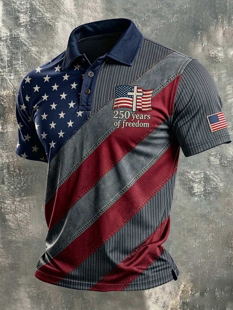 Men's Casual Artistic American 250th Anniversary Flag Print Polo Shirt