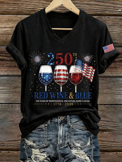 Women's Red Wine & 250 Years Of Freedom Print Casual T-shirt