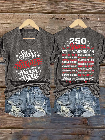 Women's Stars And Stripes And Human Rights Print Casual T-shirt