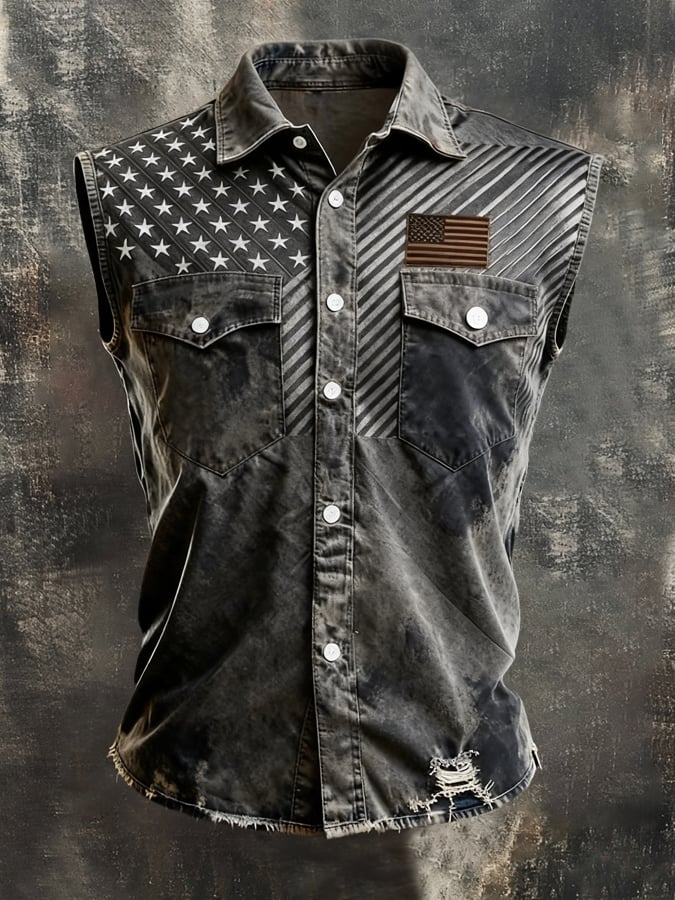 Men's Retro Patriotic Color-Block Printed Sleeveless Shirt