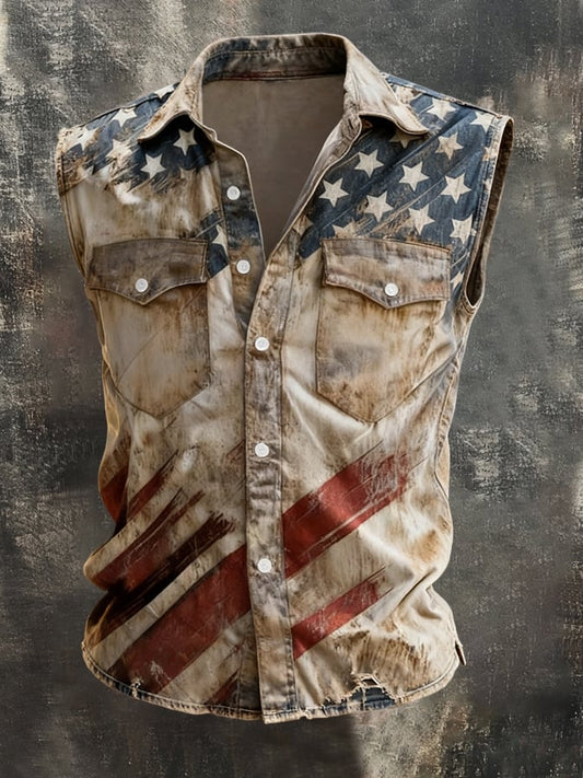 Men's Retro Patriotic Color-Block Printed Sleeveless Shirt
