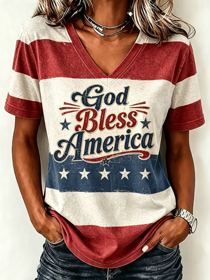 "God Bless America" Patriotic Design Women's V-Neck T-Shirt