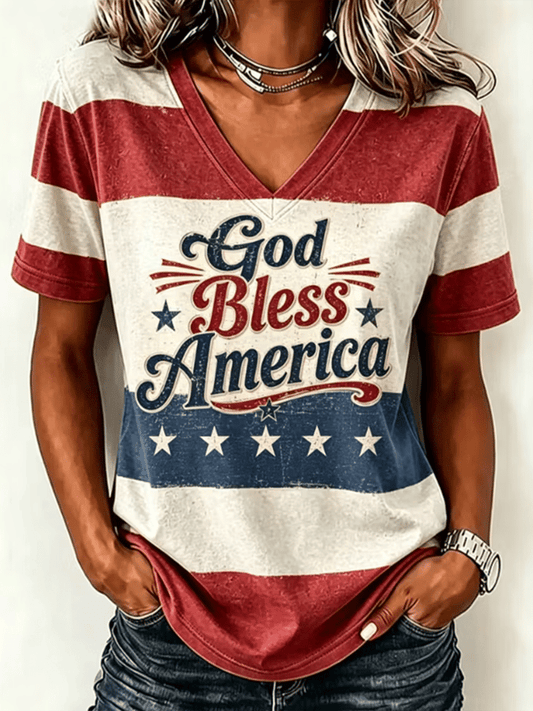 "God Bless America" Patriotic Design Women's V-Neck T-Shirt