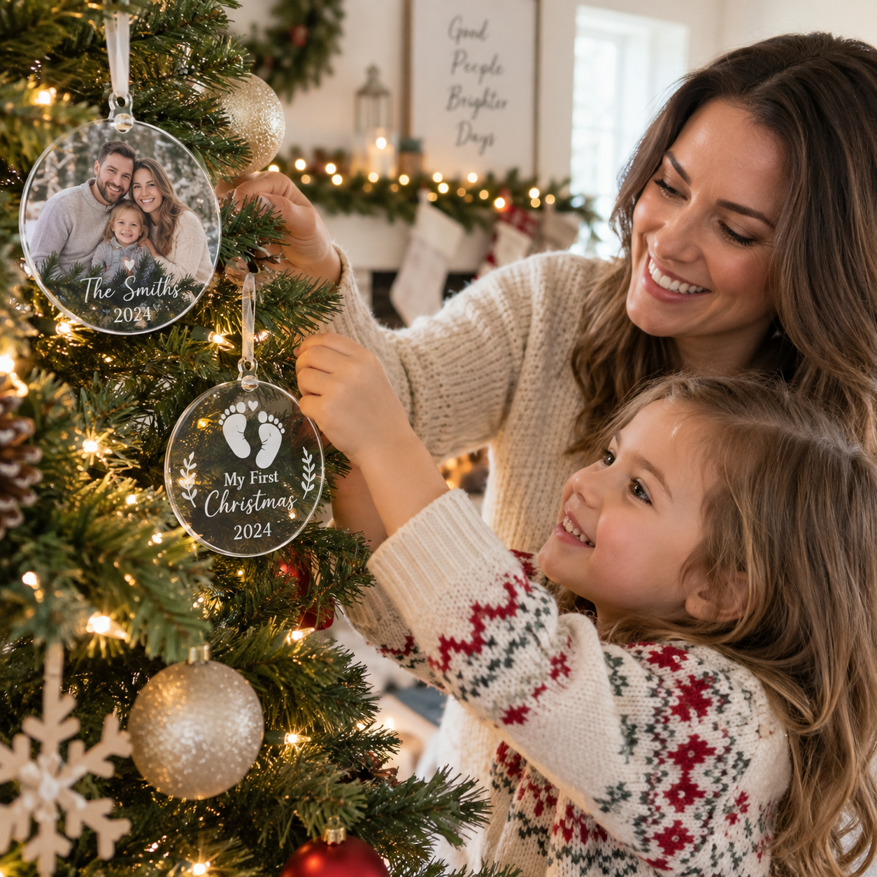 A family hanging personalized acrylic ornaments on a Christmas tree