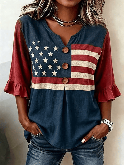 Women'S Casual Printed Top With Ruffle Sleeves