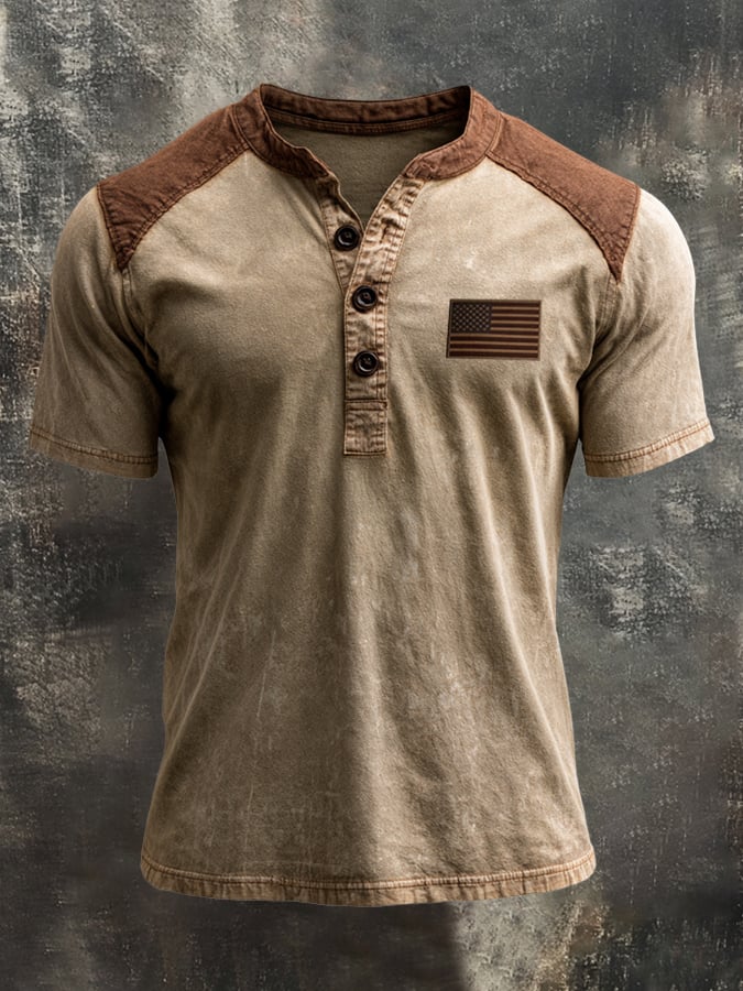 Men's Retro Patriotic Color-Block Short-Sleeve Henley T-Shirt