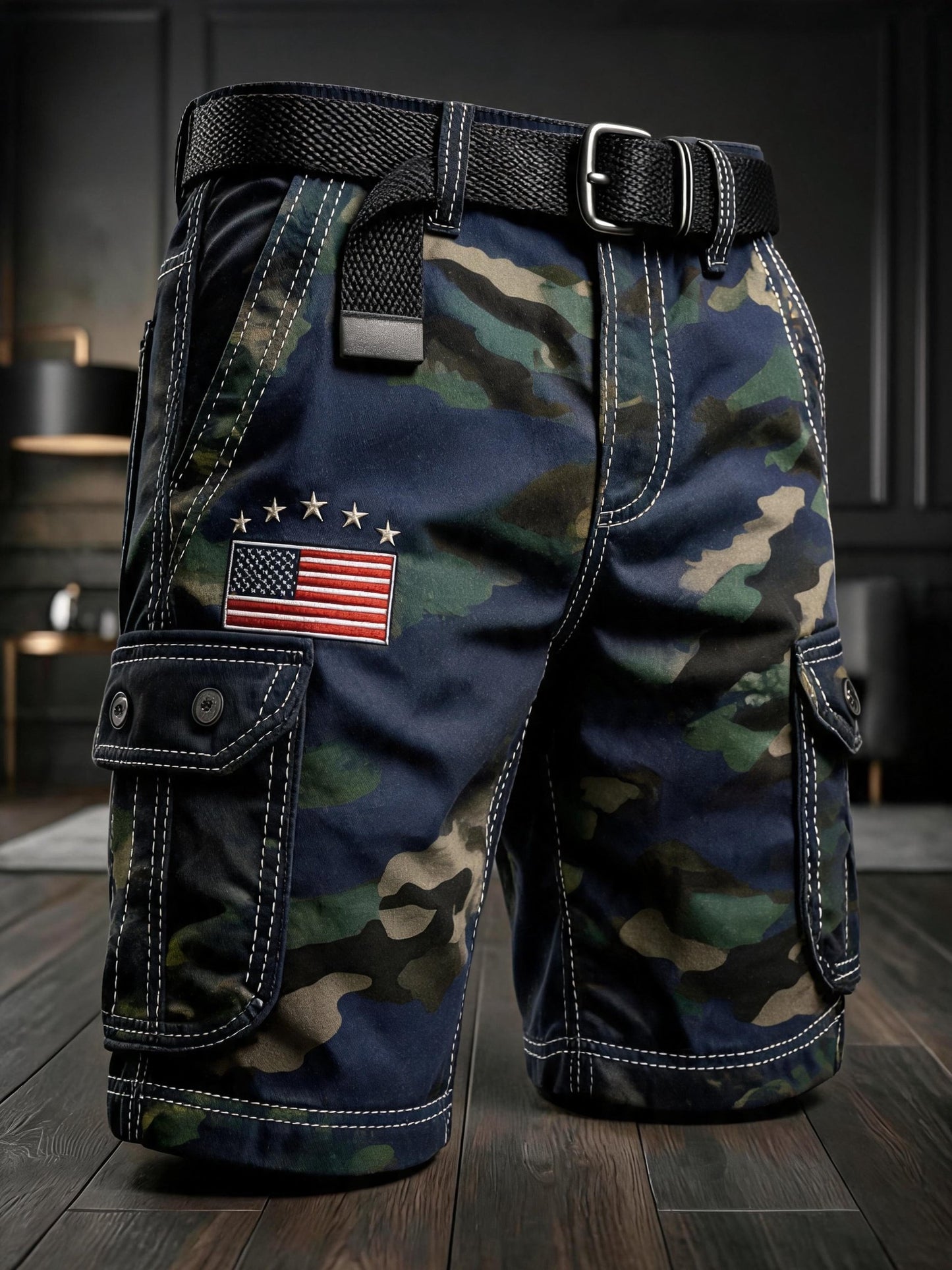 Men's Retro Color-Block Distressed Patriotic Cargo Shorts with Pockets (Belt Not Included)