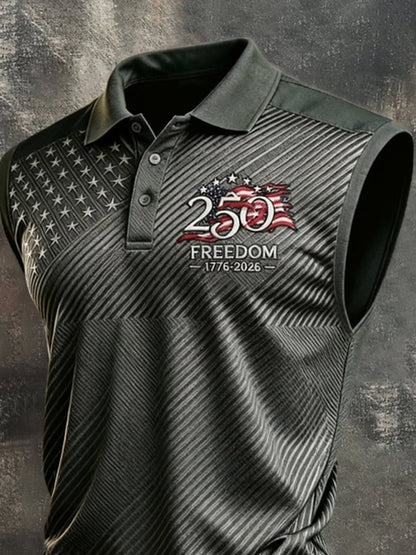 Men's Vintage Independence Day Patriotic Sleeveless Polo Vest