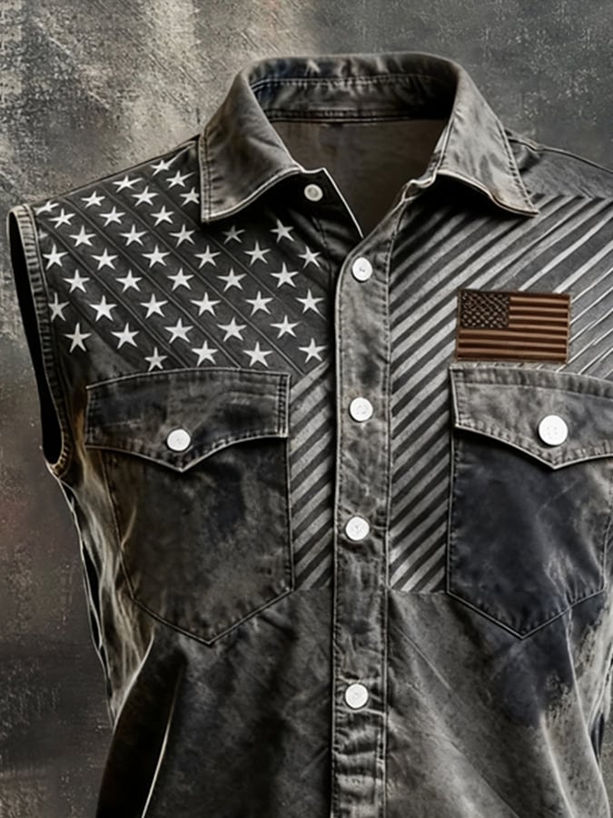Men's Retro Patriotic Color-Block Printed Sleeveless Shirt