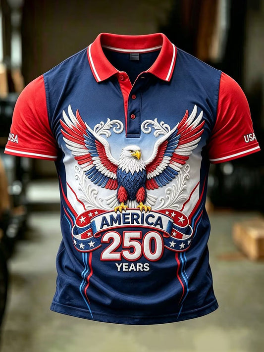 Men's Casual Artistic American 250th Anniversary Flag Print Polo Shirt