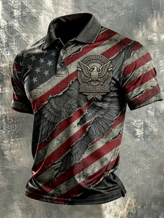 Men's Casual Artistic American 250th Anniversary Flag Print Polo Shirt