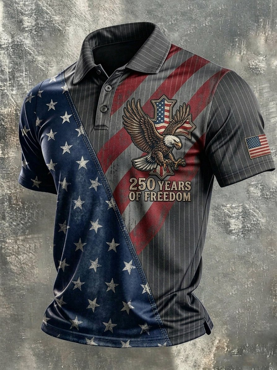 Men's Casual Artistic American 250th Anniversary Flag Print Polo Shirt