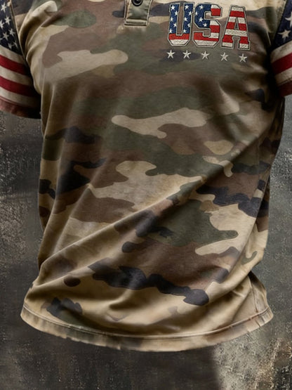 Men's Vintage Independence Day Patriot Henley T-Shirt