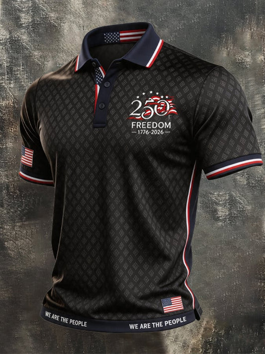 Men's Retro Patriotic Color-Block Short-Sleeve Polo Shirt