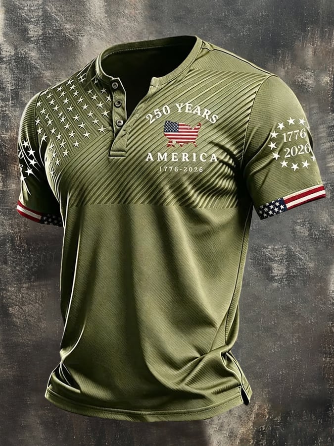 Men's Retro Patriotic Color-Block Short-Sleeve Henley Shirt