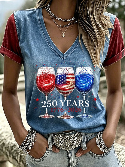 Women's USA 250th Anniversary Print V Neck T-shirt