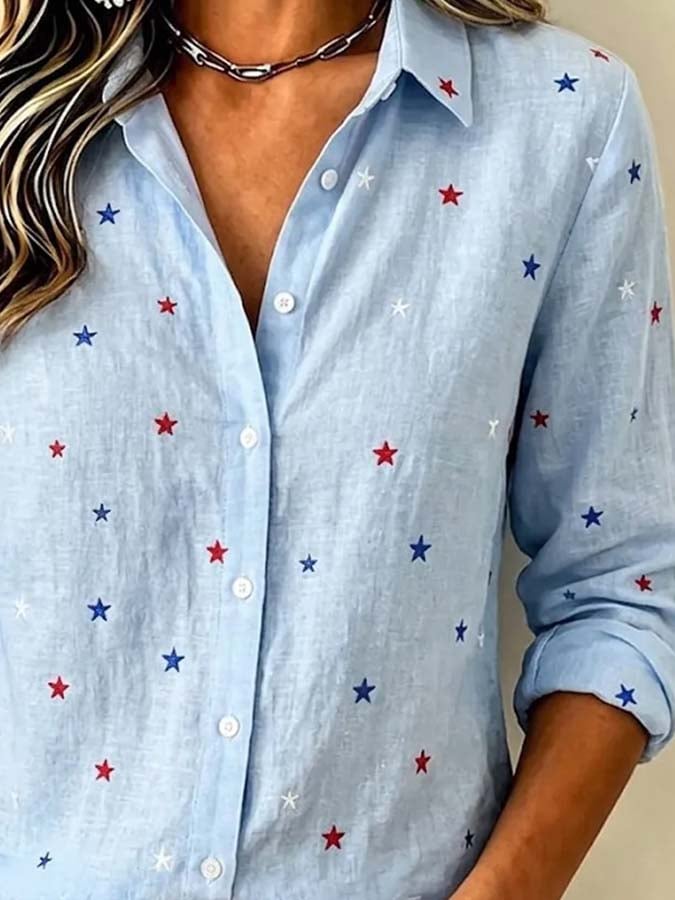 Women'S Casual Cotton And Linen Printed Shirt