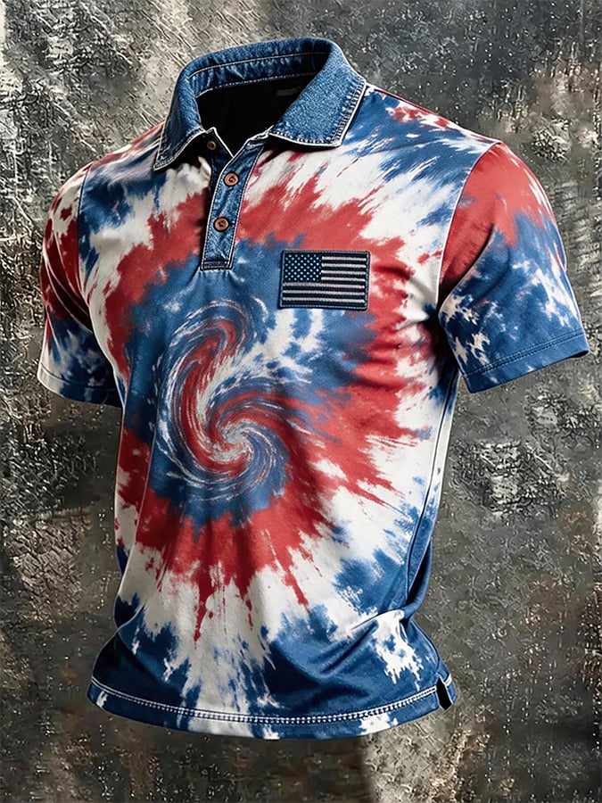 USA Flag Patch Tie Dye Swirl Patriotic Polo Shirt Denim Collar Red White Blue Short Sleeve Casual Tee