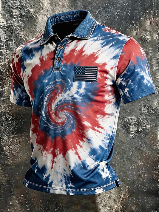 USA Flag Patch Tie Dye Swirl Patriotic Polo Shirt Denim Collar Red White Blue Short Sleeve Casual Tee