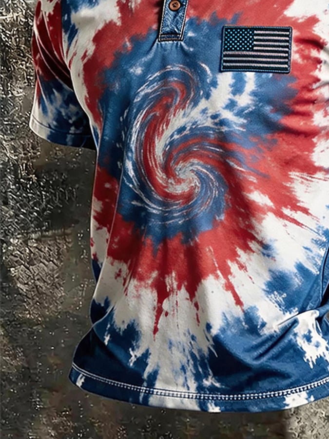 USA Flag Patch Tie Dye Swirl Patriotic Polo Shirt Denim Collar Red White Blue Short Sleeve Casual Tee